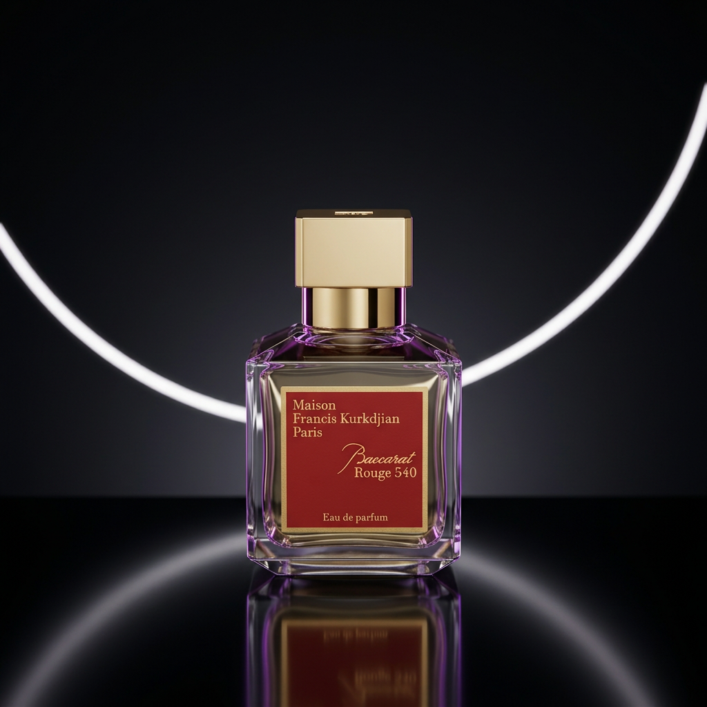 Baccarat Rouge 540 bottle with purple rim lighting on a reflective black surface