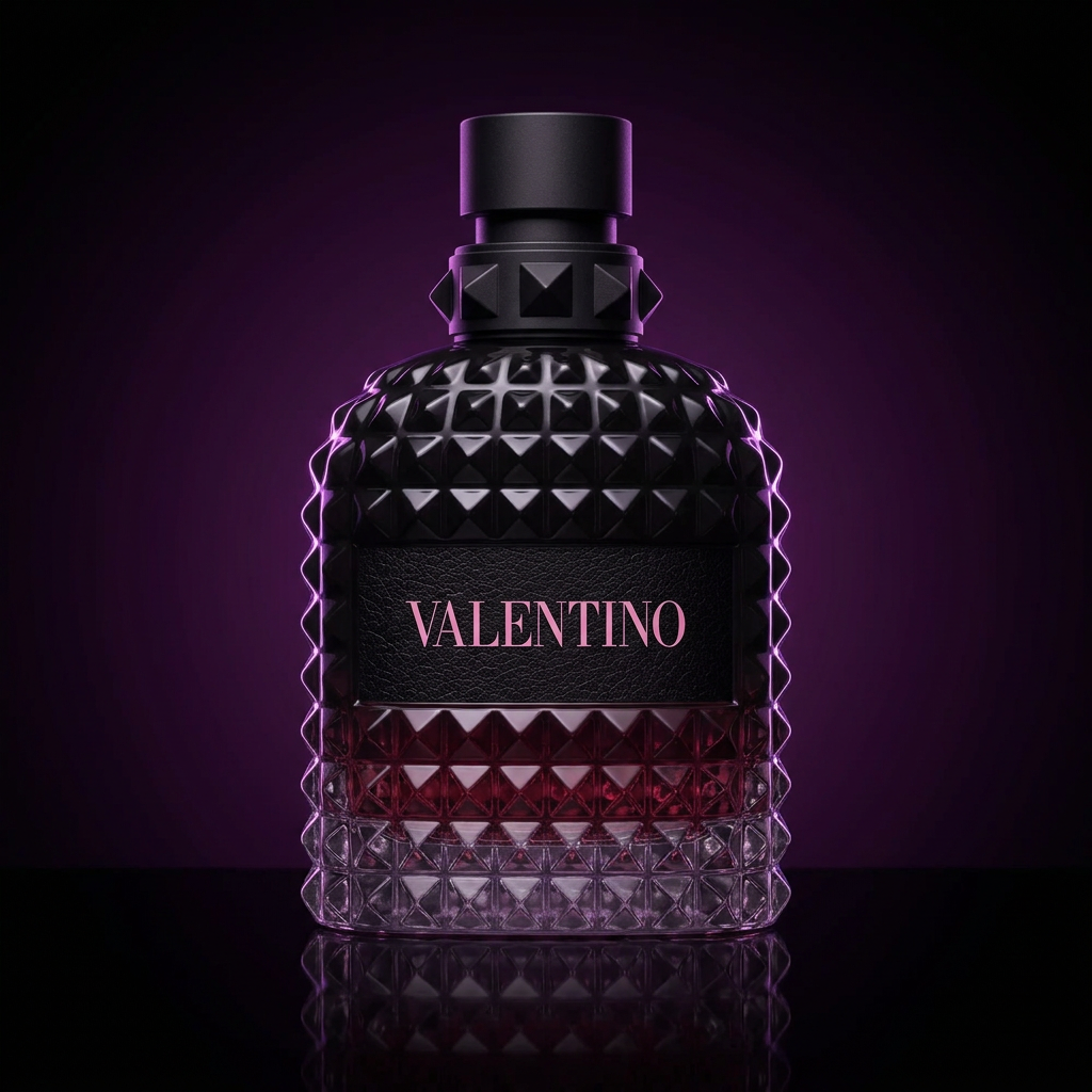 Valentino Born in Roma Intense bottle with purple rim light on black